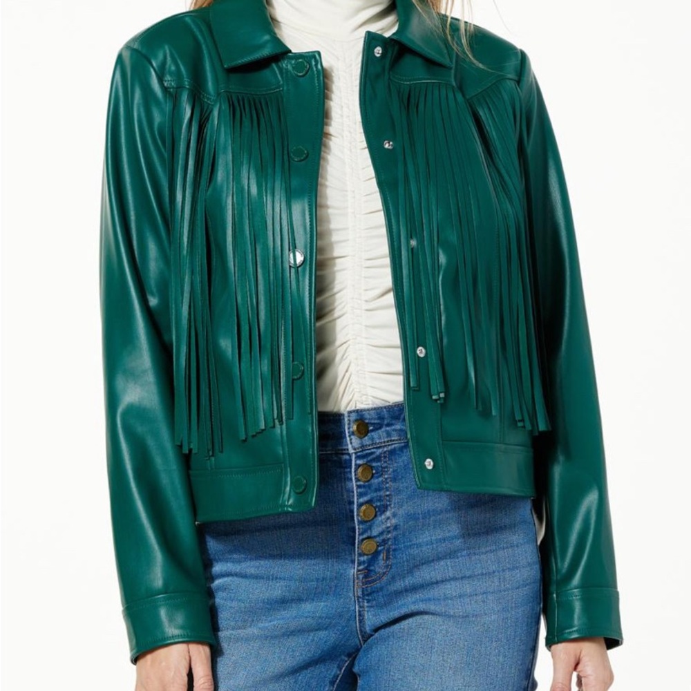 G by Giuliana Black Label Faux Leather Graphic Fringe Jacket Rainforest Green - Picture 2 of 10